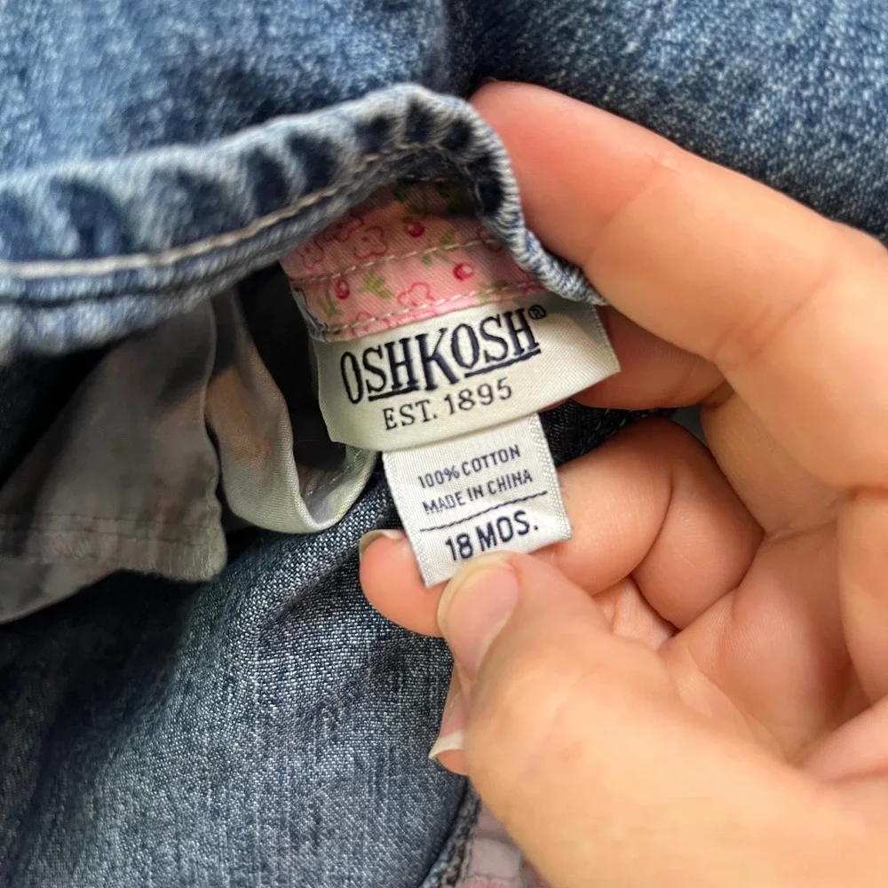 OshKosh Bgosh Girls 18M Blue Denim Floral‎ Patchwork Embroidered Overall Dress